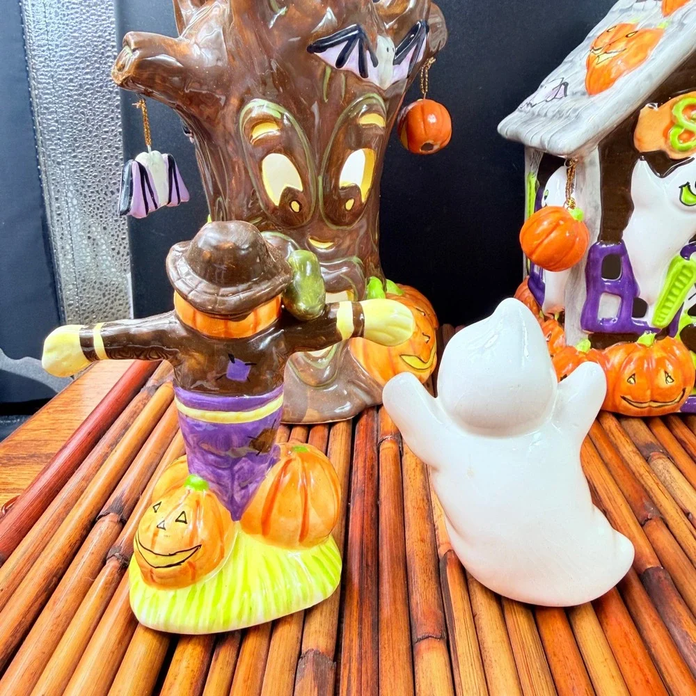 Vintage Halloween Village Set Ceramic JCPenney Haunted House, School 7pc 2003